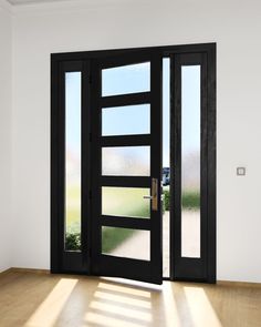 an empty room with two black doors and one light shining through the glass door to another room