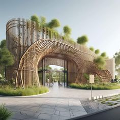 an artist's rendering of the entrance to a building with trees growing on it