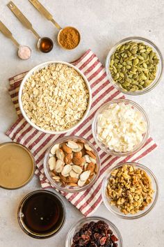 bowls filled with nuts, seeds and other ingredients