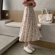 Pearl Diary Silhouette: A-LINE Material: Acrylic Material: Cotton Material: Polyester Decoration: NONE  Waistline: Natural Factors Pattern Type: Floral Style: vintage Dresses Length: Mid-Calf Age: Ages 18-35 Years Old Fabric Type: Broadcloth Gender: WOMEN Model Number: MSK038 Long Skirts Summer, Fesyen Korea, Cottagecore Skirt, Diy Sy, Korean Skirt, Skirt Streetwear, Long Skirt Summer, Stile Hijab, Skirts Summer