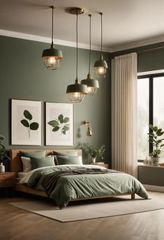 a bedroom with green walls and wooden flooring, two lamps hanging from the ceiling