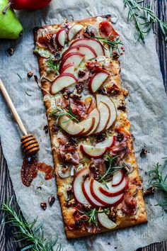 an apple and rosemary flatbread with honey roasted pears