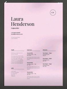 a pink and black resume on a gray background with the words lauren henderson above it