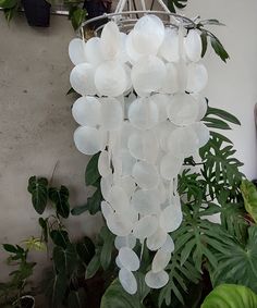 a white chandelier hanging from a ceiling next to plants