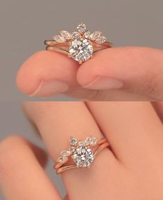 two different views of a diamond ring on someone's hand, one with a flower design and the other with leaves