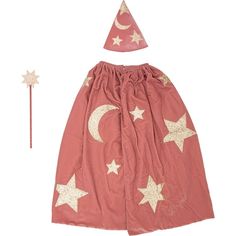 a pink skirt with gold stars and a hat