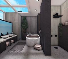 a large bathroom with two sinks, a tub and a television on the wall in front of it