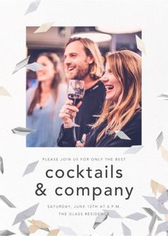 a couple holding glasses of wine and confetti in front of the caption reads, cocktails & company