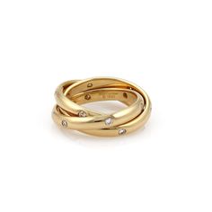 Cartier Trinity Diamond 18k Yellow Gold Rolling Band Ring Size 47-US 4.25 Cartier Trinity Diamond 18k Yellow Gold Rolling Band Ring Size 47-US 4.25 Description   Elite elegant by Cartier from the TRINITY collection. This triple band interlaced rings are crafted from 18k yellow gold with a fine polished finish. Each band has 6 round cut 2 points each sparkling diamond set around the entire ring. It is signed by the designer with the ring size, serial number and metal content. Material:  18k yellow gold Hallmark:  Cartier 750 47 1995 D04109 Diamond:  36 points   Color: F    Clarity: VS1 Measurements:  each band is: 2.7mm wide Ring Size:  US: 4.25     European:  47 Weight:  8.9 grams Stock#  55031     Click images to enlarge Payment   We accept payments through Paypal. We only ship to PayPal Cartier Wedding Band Stack, Trinity Cartier, Cartier Wedding Bands, Cartier Wedding Rings, Cartier Trinity Ring, Ballerina Ring, Trinity Ring, Stacked Wedding Bands, The Trinity