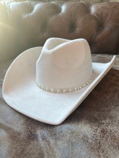 Vegan Suede Cowboy Hat With Pearl Rhinestone Trim Great for Concerts, Parties, and Bridal Events - Etsy Bridal Cowgirl Hat, Elegant Fitted Hat Bands For Festivals, Elegant Rhinestone Hats For Festival, Western Hat Bands For Wedding And Kentucky Derby, Wide Brim Hat Bands With Rhinestones For Country Events, White Cowboy Hat Aesthetic, Elegant Rhinestone Hats For Country Events, Western Style Fitted Wedding Hat, Western Wide Brim Felt Hat For Party