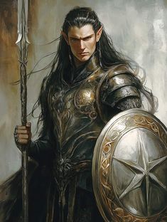 Lotr Elven Armor, Spear And Shield Fighter, Fantasy Council, Fae Knight, Elven Noble, Elven Knight, Elf Knight, Elf Paladin, Dnd Elf