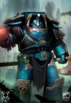 a painting of a warhammer with blue armor