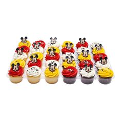 mickey mouse cupcakes with red, white and yellow frosting are arranged in rows