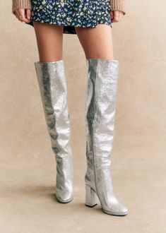 Silver Knee High Boots, Atelier Interior, Fall Footwear, Trending Winter Boots, Fold Over Boots, Burgundy Boots, Online Stylist, Metallic Boots, Silver Boots