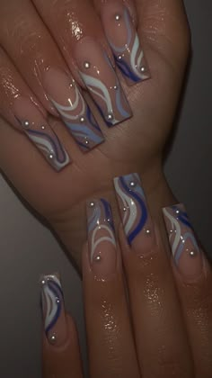 lucrylic on Instagram: 💙 Lucrylic 💙 💙 Blue abstract lines with pearls 💙 #nailinspo #nailideas #dailynails #nailstyle #coffinnails #nailsofinsta #acrylicnails… Yellow Green Nails Acrylic, Fancy Black And White Nails, Blue Acrylic Nails, Grunge Nails, Glow Nails, White Nail Designs