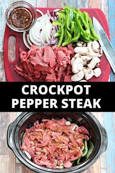 crockpot pepper steak in the slow cooker is ready to be cooked and served