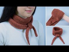 there is a woman wearing a knitted scarf and neckwarf in three different pictures