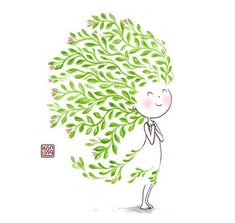 a drawing of a person with green leaves on his head