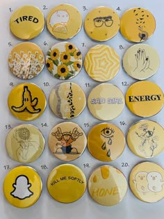 "1.75\" & 2.25\" Yellow Aesthetic Button Pins!" Homemade Buttons Pins, Pin Making Ideas, Button Designs Ideas, Diy Pins Buttons, Button Pins Ideas, Aesthetic Badges, Button Ideas Pins, Cute Button Pins