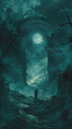 a man standing in the middle of a dark forest under a full moon filled sky