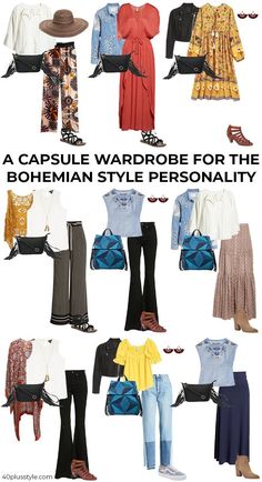 A capsule wardrobe for the BOHEMIAN style personality | 40plusstyle.com Bohemian Outfits Over 40, Boho Fashion For Over 50 Women, Boho Outfit Ideas Plus Size, Boho Winter Capsule Wardrobe, Boho Style After 40, Capsule Boho Wardrobe, Boho Outfits 40s, Boho Cute Outfits, Boho Fashion Over 50 Bohemian