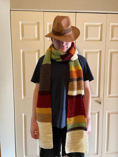 Gorgeous hand-crochet extra long stripe scarf.  Beautiful Fall colors.  Perfect for fans of the doctor!  Over 12 feet long.  Hat included!  Make Halloween easy! Email with any questions. Long Stripe Scarf Pattern, Long Hat, Stripe Scarf, Striped Scarves, Natural Colors, Easy Halloween, Extra Long, Hand Crochet, Natural Color