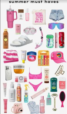 a collage of summer must haves including swimwear, sun glasses and sunscreen