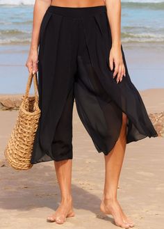 Black High Waisted Side Slit Beach Pants Black Beach Pants, Black Tankini Top, Blue Tankini, Striped Tankini, Black Beach, Black Tankini, Black Cropped Pants, Lovely Tops, Beach Pants