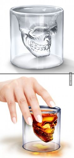 two pictures of someones hand holding a glass with a skull in it and the other side is half filled with liquid