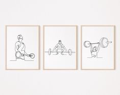 three framed drawings of people doing different things in the same room, one is lifting a barbell