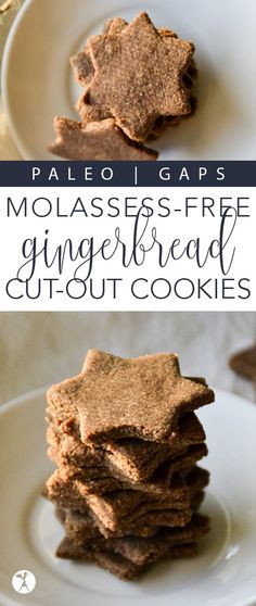 homemade molasss - free gingerbread cutout cookies on a white plate with text overlay