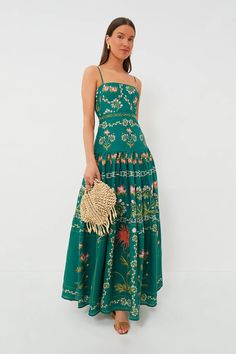 Esmeralda Lima Maxi Dress | AGUA BY AGUA BENDITA Emerald Background, Esmeralda Dress, Sundress Season, 50th Clothing, Tropical Prints, Unique Shapes, Embroidered Maxi Dress, Cocktail Attire, Linen Maxi Dress