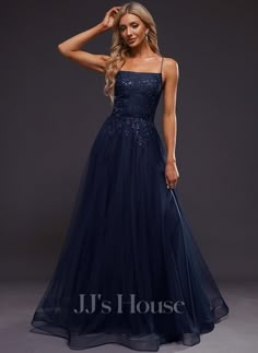 A-line Straight Floor-Length Tulle Prom Dresses With Sequins (018289790) Blue Grad Dresses, Midnight Blue Prom Dresses, Prom Dresses Dark, Dark Blue Prom Dresses, 8th Grade Prom Dresses, Matric Dance Dresses, Navy Prom Dresses, Modest Prom Dresses, Navy Blue Prom Dresses