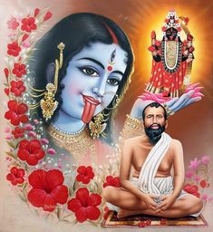 an image of the hindu god and his wife sitting in front of red poppies