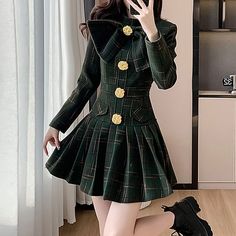 .sizingSection_variants__vrALN{float: left}Long Sleeve Stand Collar Bowknot Plaid Pleated Mini A-Line Dress Size S M L XL Total Length Bust Shoulder Width Sleeve... Winter Plaid, Big Bow, Plaid Fashion, Gold Buttons, Green Dress, Evening Dress, Luxury Design