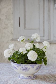 white flowers are in a blue and white bowl on a table with an old cabinet