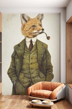 The Fox II Wallpaper available at HappyWall Home Design Wallpaper, Fox Theme Bathroom, Wallpaper Small Living Room, Wallpaper Bedroom Master Wall Murals, Fun Wall Paper, Vintage Animal Wallpaper, Wallpaper Fireplace Wall, Wallpaper Murals Statement Wall, Decorating A Large Wall In Living Room