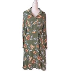 Gorgeous Olive Green Backing With Floral Pattern On This Lightweight Polyester Dress. Button Down Collared Front Ends At The Waist Where There Is A Tie Waist And Beautiful A Line Skirt With Plenty Of Movement. Sheer Fabric, Waist Down Is Lined With Green Skirt. Side Zipper, Pull Over Design. Long Sleeved, But Light Enough For Spring/ Summer. Approximate Measurements: Bust: 17 Waist: 15 Length: 39 Long Sleeved Dress, Floral Dress, Casual Dress Halter Wedding Dress Lace, Summer Wedding Dress Beach, Bling Wedding Dress, Blue Skater Dress, Retro Style Dress, Lace Beach Wedding Dress, Long Sleeved Dress, Floral Dress Casual, Lace Party Dresses