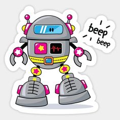 Cute Cartoon Robot - Robot - Sticker | TeePublic Robot Sticker, Sticker Business, Family Fun Night, Cartoon Kids, Cut And Color, Painted Rocks, Family Fun