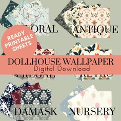 the dollhouse wallpaper digital printable pattern is shown in four different colors and sizes