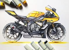 a drawing of a yellow motorcycle is shown