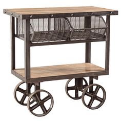 a wooden cart with two metal baskets on it's wheels and one shelf is open