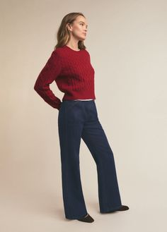 This chunky, chic cable-knit sweater, made from a luxe cashmere-wool blend, is a noble nod to the classic fisherman’s sweater--updated with a slightly tapered silhouette for a more fitted look. Finished with a rib-knit collar, hem, and sleeves.Complimentary cashmere comb included. While supplies last.57% Wool, 25% Cashmere, 18% Nylon Zo is 5'10" wearing size small. Deep Red Sweater, Red Cashmere Sweater, Cropped Wool Sweater, Cashmere Wool, Knit Collar, Red Sweaters, Black Friday Sale, Wool Sweaters, Cashmere Sweaters