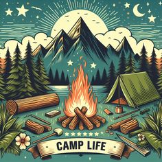 a campfire surrounded by logs and stars in the night sky with mountains, trees, and tents