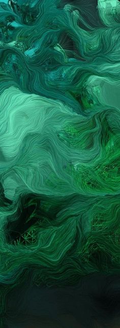 an abstract painting with green and blue waves in the water on a black background,