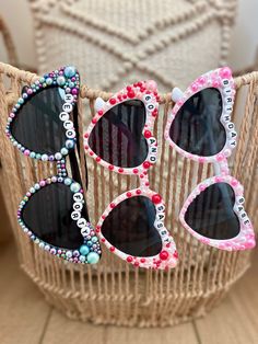 These sunglasses are unique, stylish and just the perfect gift! The heart-shaped design makes them so cute and trendy.  If you would like them customized just message me.  Possible options you might like: hello forty, fifty and fab, 21 and fun, newly 21, 30 and flirty, birthday queen, birthday babe, birthday gal, this is 40, 21 and thirsty, cheers to 21 years, etc. Check the images to see other possible sayings or you can always create your own. Return Policy: As these sunglasses are customized products, we do not accept returns or exchanges unless there is a misspelling, we will send a corrected item at no additional charge. Sunglass Decoration, Glasses With Beads On Them, Decorating Sunglasses Ideas, Glasses With Beads, Decorating Glasses, Sunglasses Party, Sunglasses Diy, Sunglasses Beads Diy, Birthday Glasses