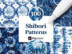 blue and white tie - dye patterns with the words, shibori patterns procreate