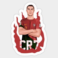 a man with his arms crossed standing in front of a red background that says cr7