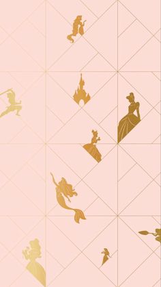 the silhouettes of disney characters are shown in gold on a pink geometric background with white squares