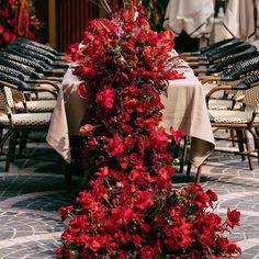 the table is set with red flowers on it and there are many chairs in the background